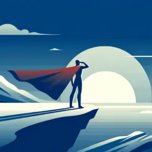 stands on a cliff, gazing into the horizon as if searching for something. The superhero has a cape fl