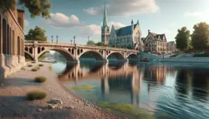 Cambridge, Ontario A photorealistic image of a popular feature in Cambridge, Ontario. The scene captures the iconic Main Street Bridge over the Grand River.