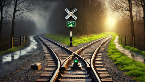 railroad track splits into two. One is sunny and easy, the other path is dark and gloomy