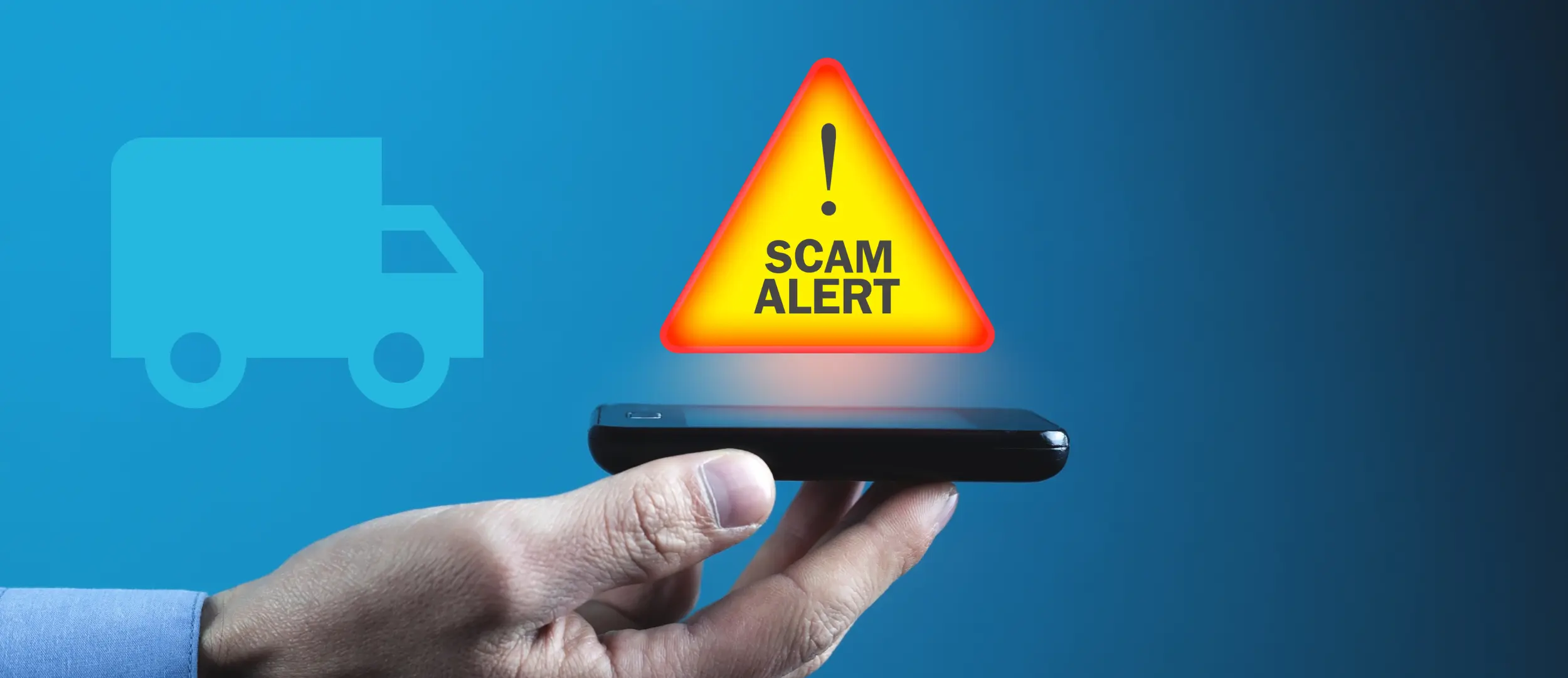 Hand holding a smartphone with a glowing warning triangle reading ‘Scam Alert,’ with a delivery truck icon in the background