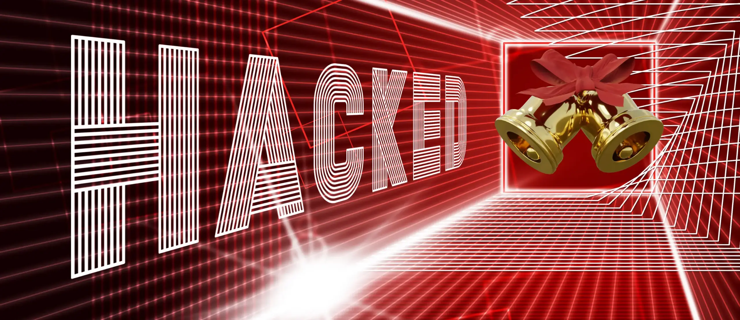 Cybersecurity breach concept with HACKED text in digital red tunnel and emergency fire connection