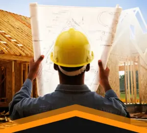 Reis Informática construction specialist reviewing architectural blueprints at a wooden-framed building site