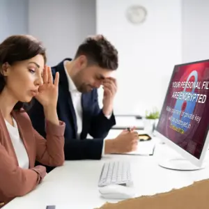 Reis Informatica image of business professionals dealing with a ransomware encryption message on a computer screen