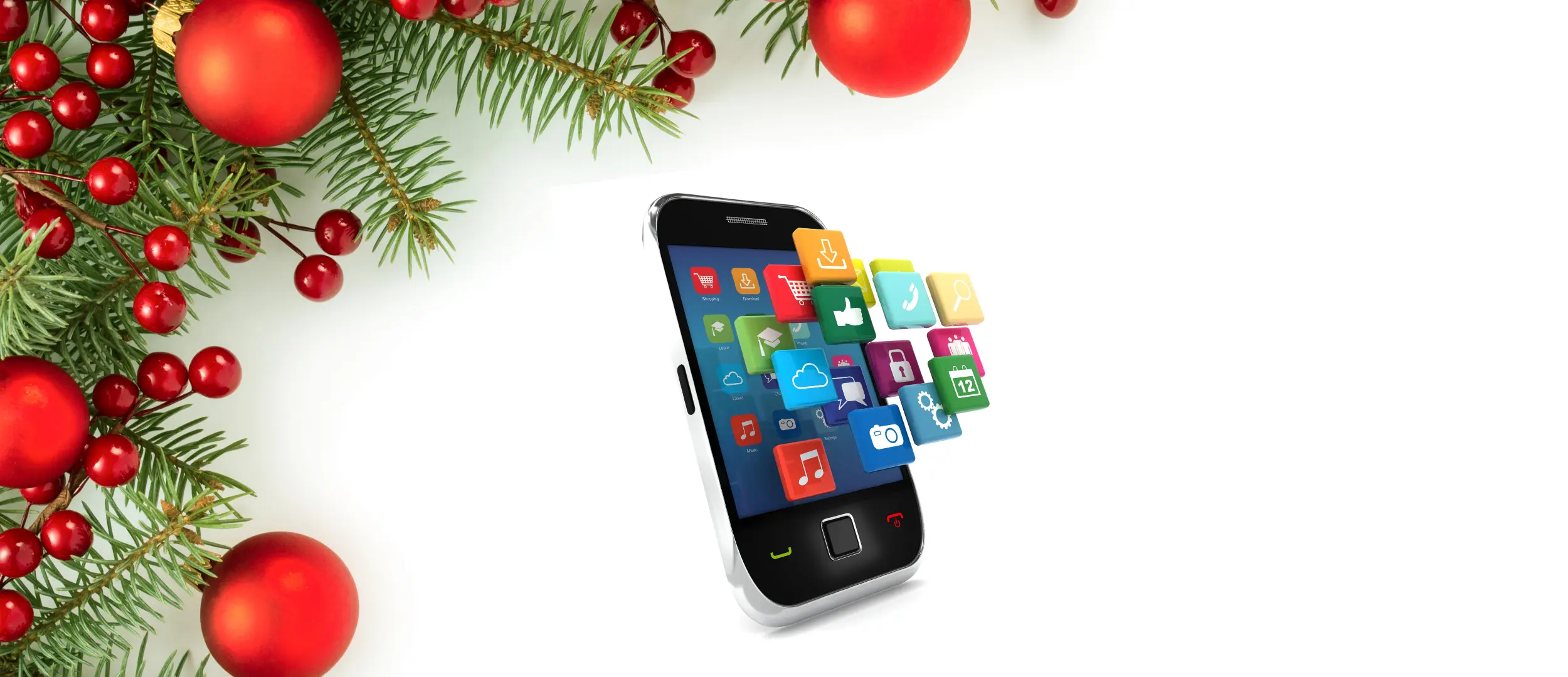 Smartphone displaying colorful app icons, surrounded by holiday decorations including evergreen branches and red ornaments.
