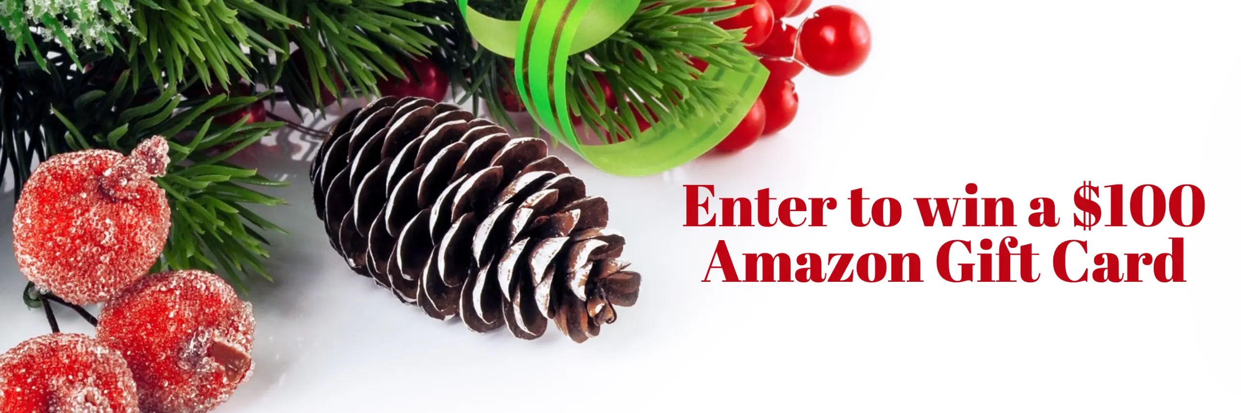 Holiday-themed graphic with pine branches, red ornaments, a pinecone, and text reading Enter to win a $100 Amazon Gift Card.