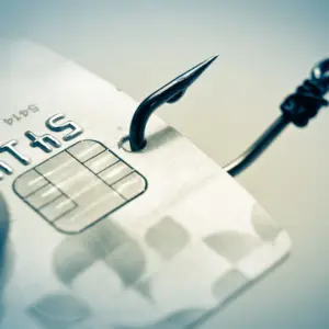 “Close-up of a fish hook piercing a credit card, symbolizing phishing attacks, online fraud, and stolen financial information.