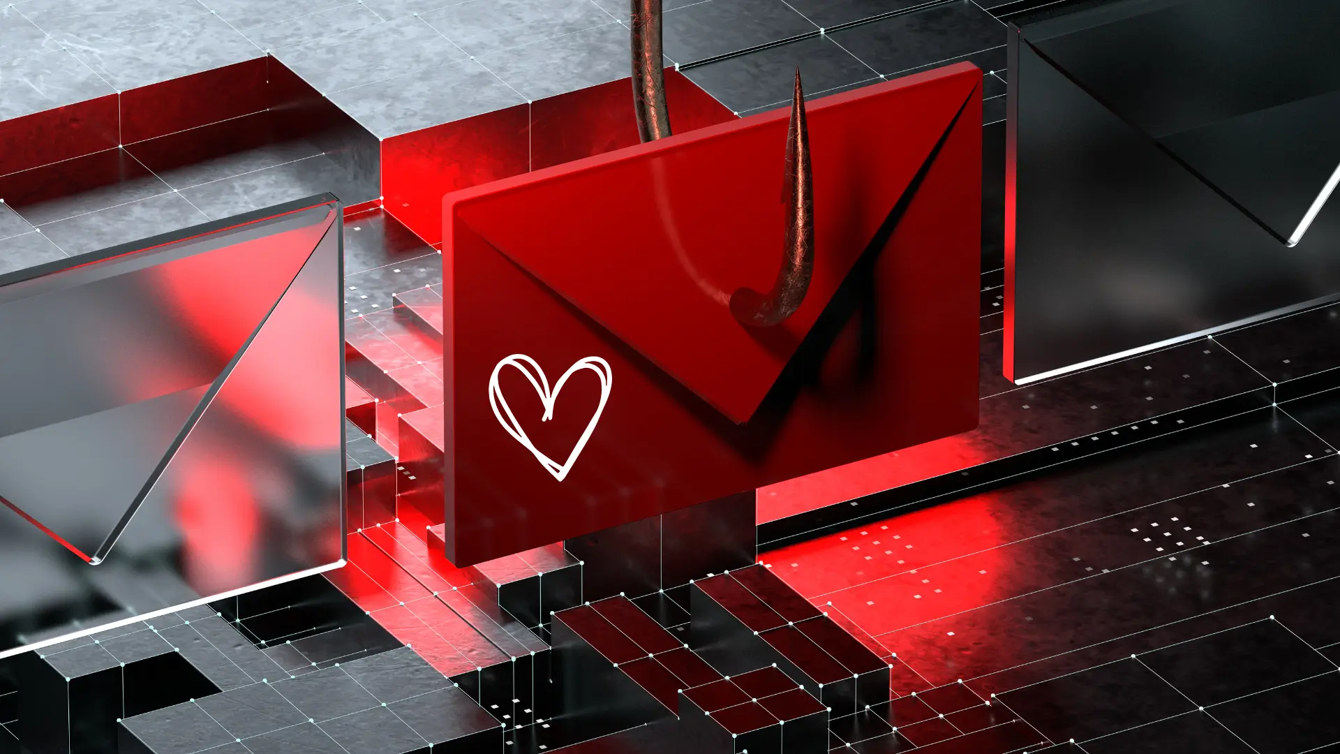 Phishing warning graphic with red envelope pierced by fishhook and heart symbol – emotional email scam alert