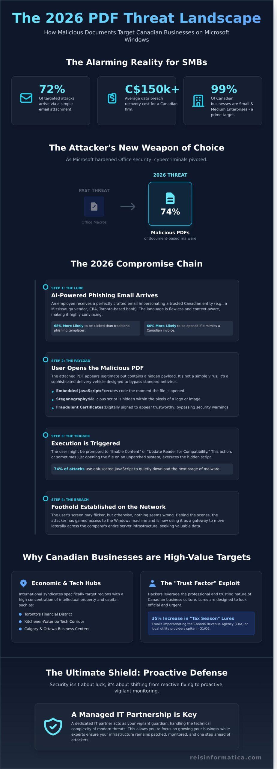 Malicious PDF Attacks on Microsoft Windows: 2026 Protection Guide for Canadian Businesses - Infographic